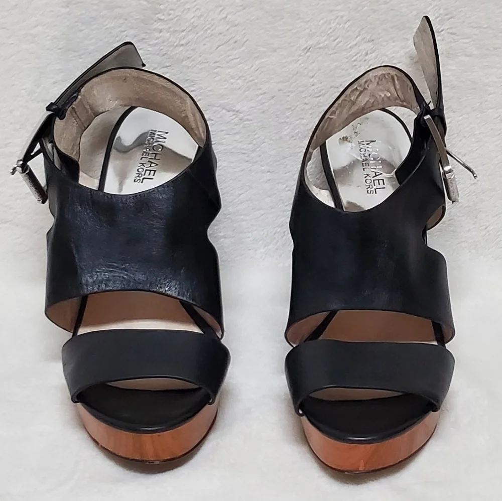 MICHAEL Kors Carla Black Leather Faux Wood Platform Wedge Strappy Sandal 9.5
